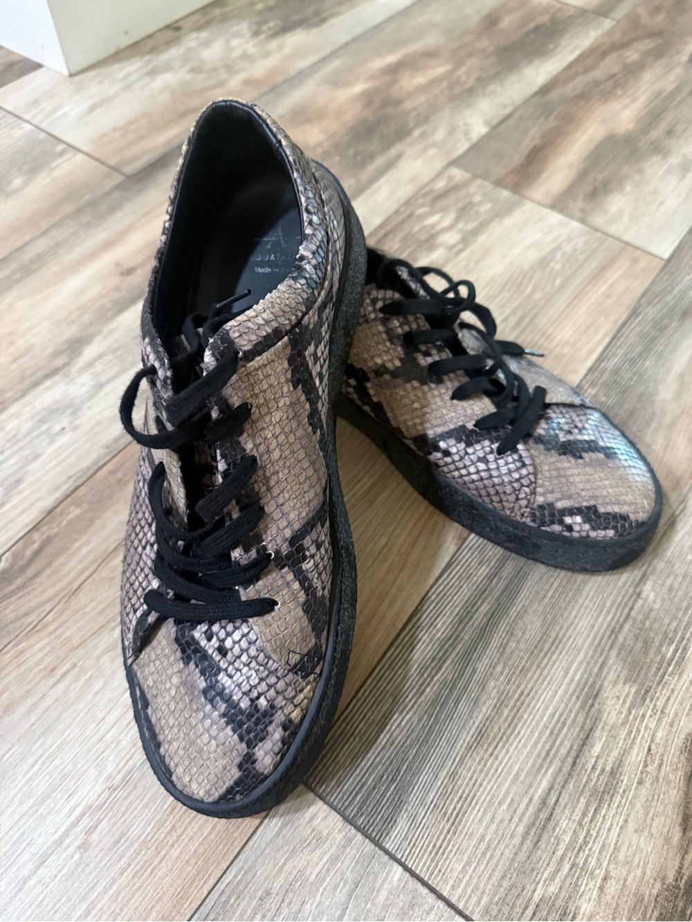 Aquatalia Snake-Print Lace-Up Sneakers in Beige Purple and Black size 10,5